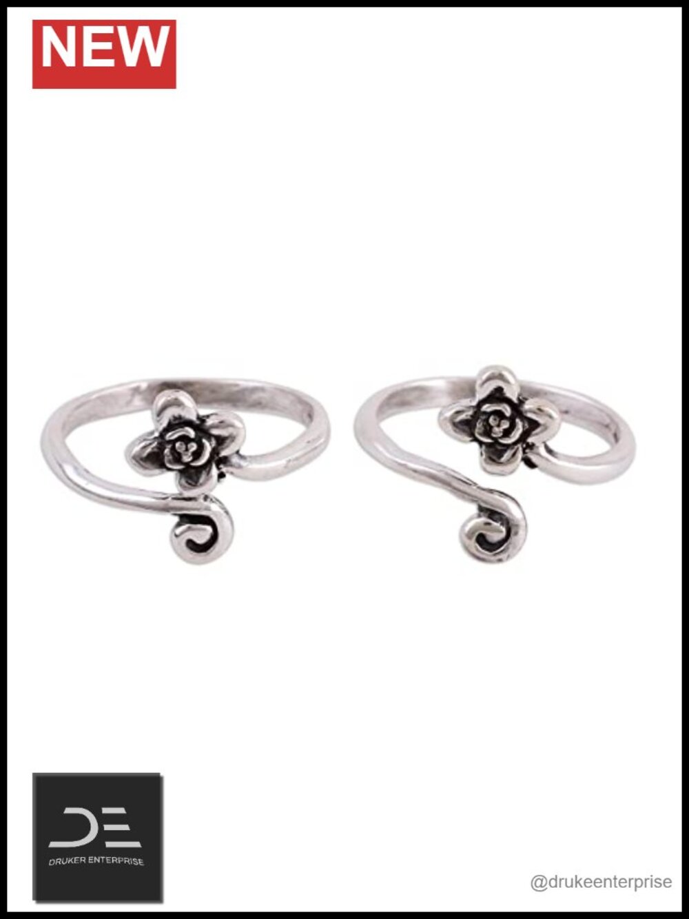 Sterling Silver Handmade Toe Rings Flower Motif Pair Adjustable Band